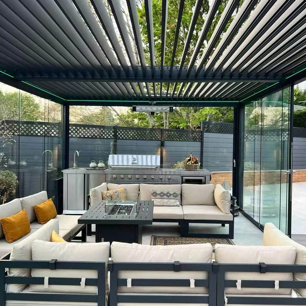 Morden Aluminum Alloy Electric Louvered Pergola with Sliding Glass Doors Customized Durable Outdoor Powder Coated Eco-Friendly