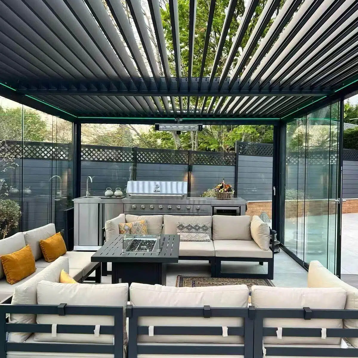 Morden Aluminum Alloy Electric Louvered Pergola with Sliding Glass Doors Customized Durable Outdoor Powder Coated Eco-Friendly