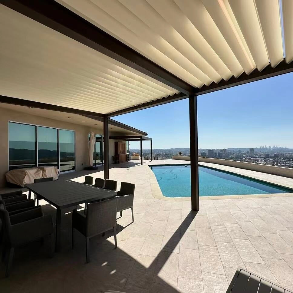 Custom Electric Adjustable Louver Roof Pergola with Roller Blinds for Swimming Pool Yard Garden Sunshade Shelter