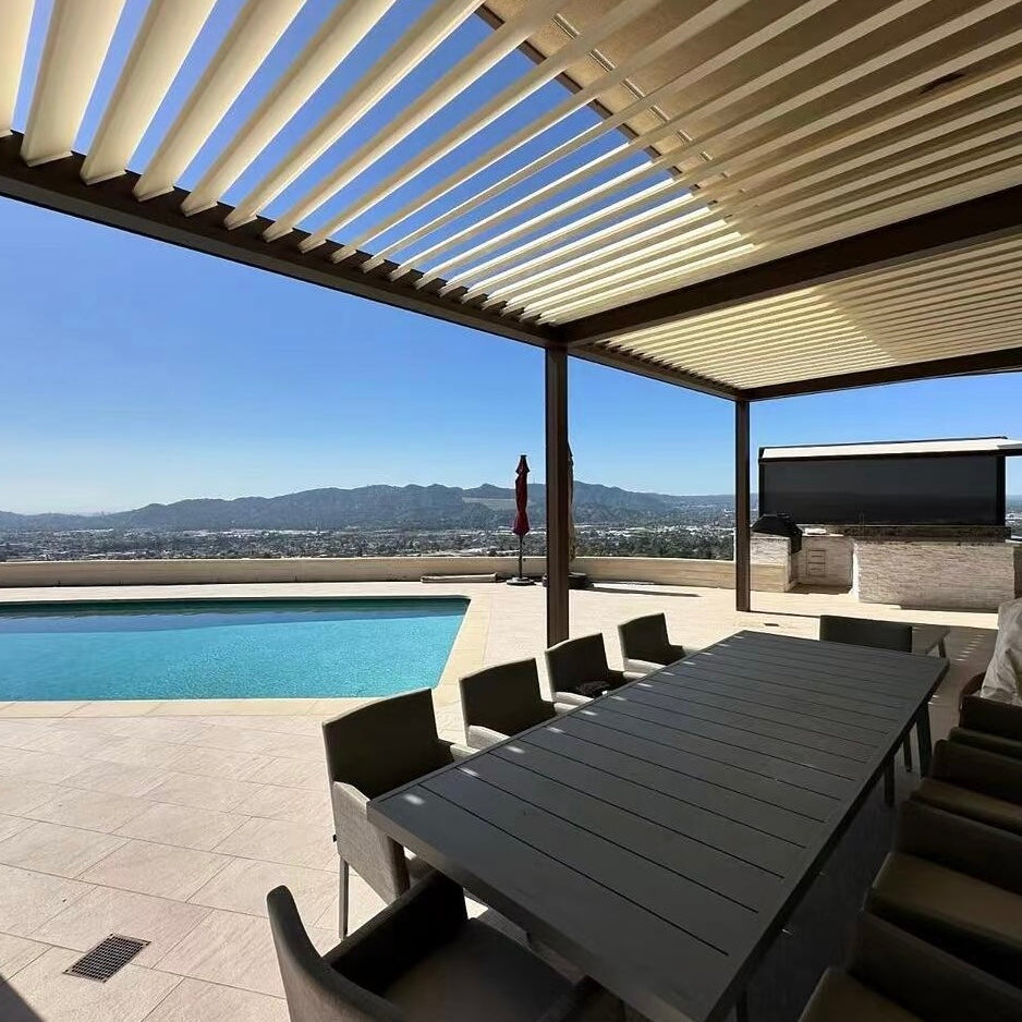 Custom Electric Adjustable Louver Roof Pergola with Roller Blinds for Swimming Pool Yard Garden Sunshade Shelter