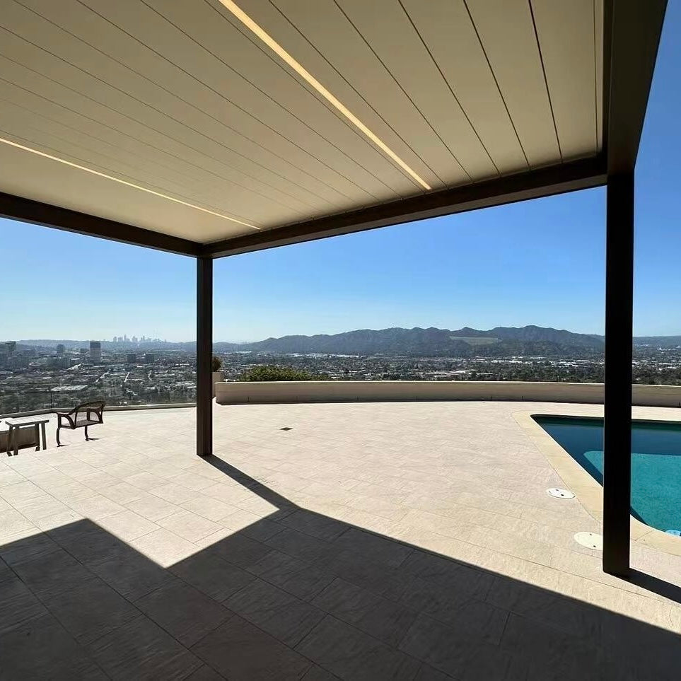Custom Electric Adjustable Louver Roof Pergola with Roller Blinds for Swimming Pool Yard Garden Sunshade Shelter