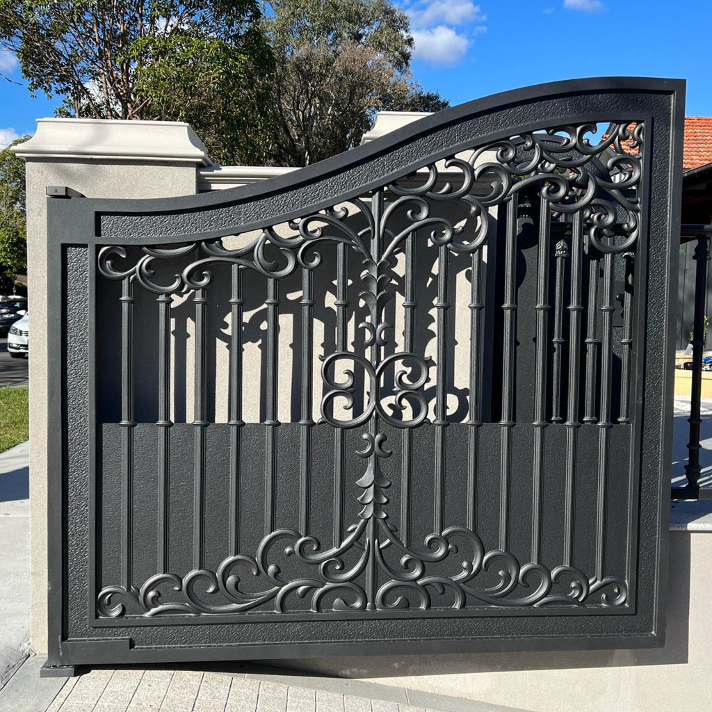 European Style Aluminum Alloy Automatic Driveway Gate Set with Hole Carved Design Double Swing Motorized System
