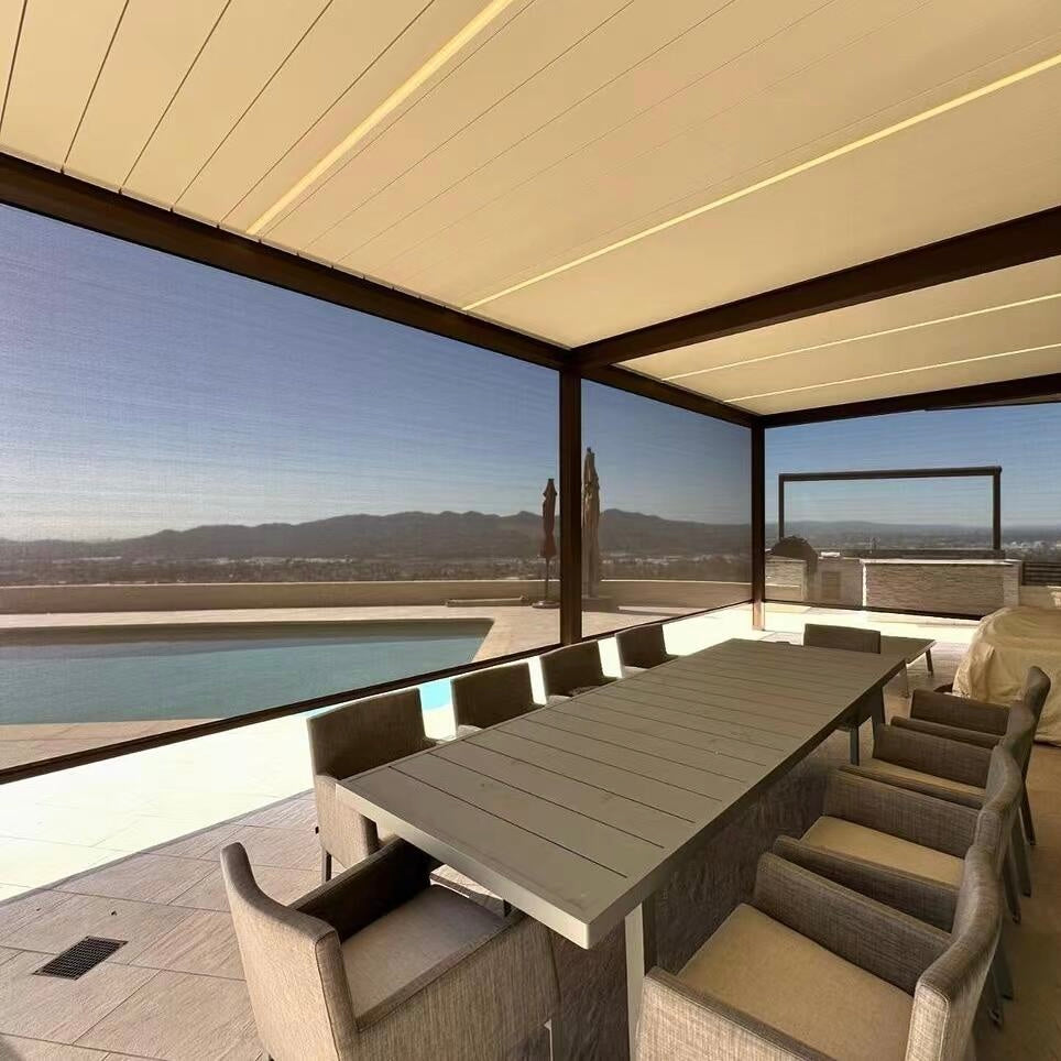 Custom Electric Adjustable Louver Roof Pergola with Roller Blinds for Swimming Pool Yard Garden Sunshade Shelter