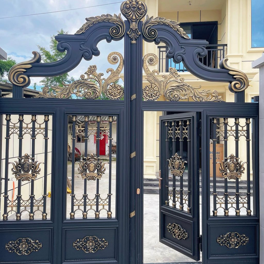 Rust Proof Aluminum Alloy Double Swing Gate European Cut Out Style with Side Pedestrian Gate for Villa Yard