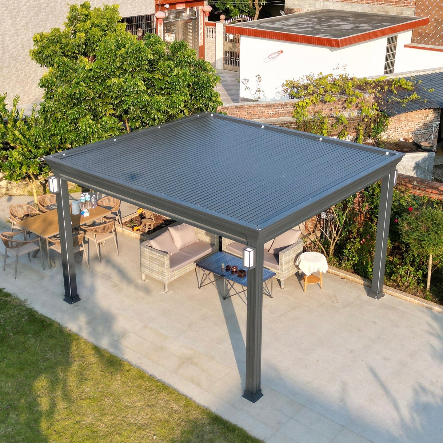 Electric Aluminum Pergola with Louvered Roof & Windproof Screens Adjustable Sunshade & Rainproof for Outdoor Backyard