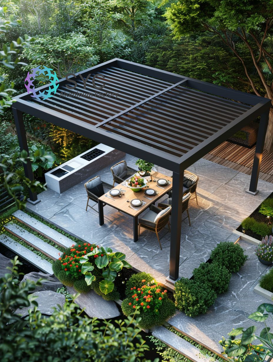 Wholesale Eco-Friendly Alu Pergola LED Lights Motorized Waterproof Louvre Pergola Powder Coated Frame Nature Pressure Treated