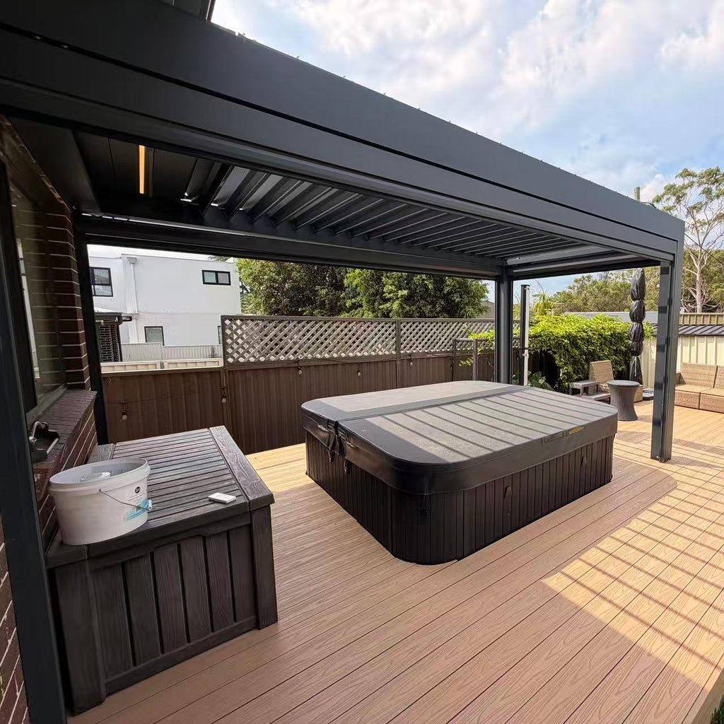 Custom Aluminium Alloy Electric Pergola Corrosion-resistant Durable Adjustable Louvered Roof With LED Light Outdoor Courtyard