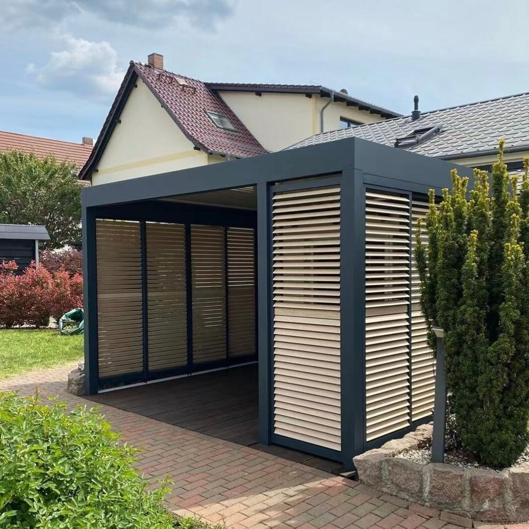 Modern Aluminum Louver Pergola with All-Side Louvered Curtains for Courtyard Terrace Adjustable Light and Ventilation