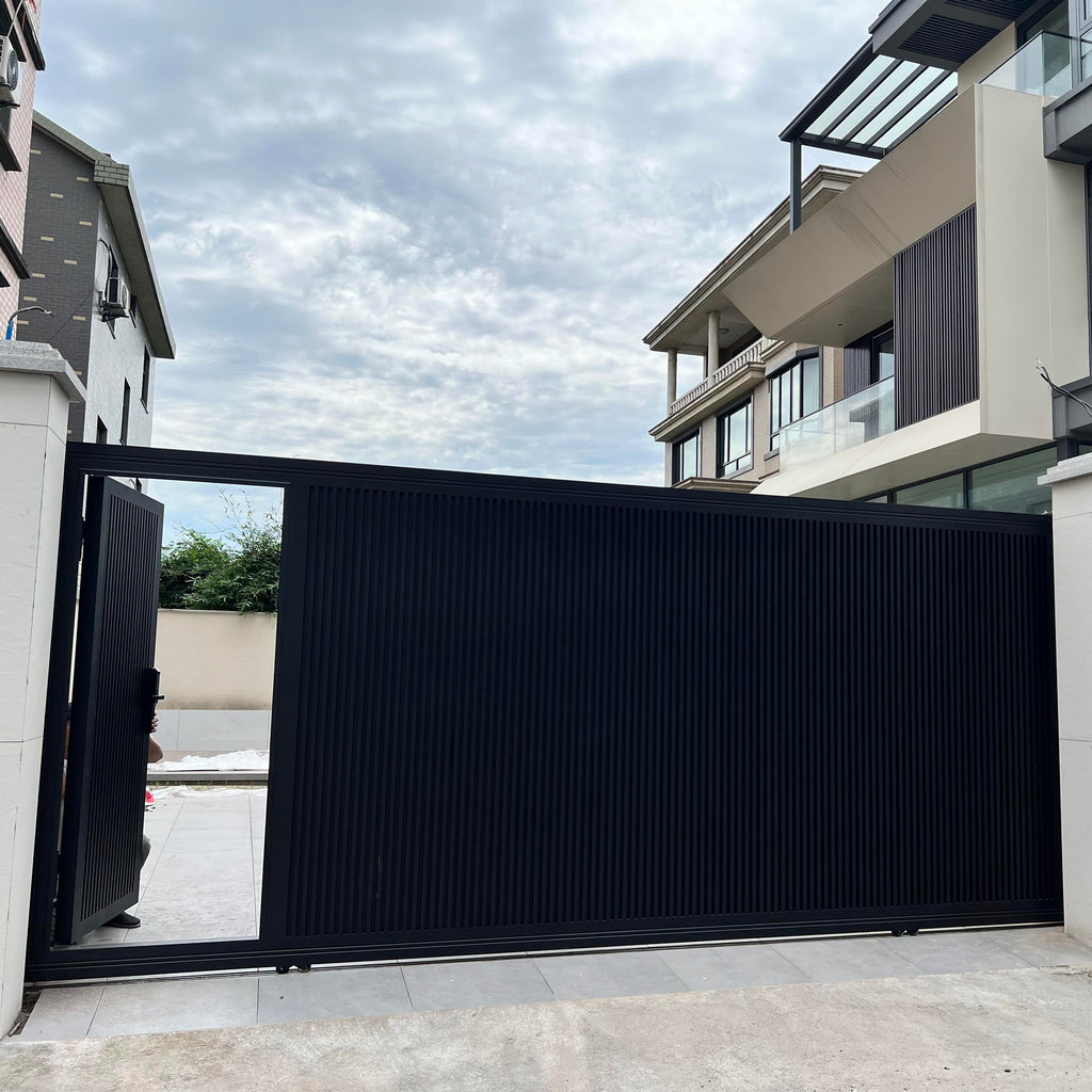 Aluminum Alloy Electric Sliding Gate with Track Rollers and Built-in Walk Door for Villa Courtyard Automatic Remote Control