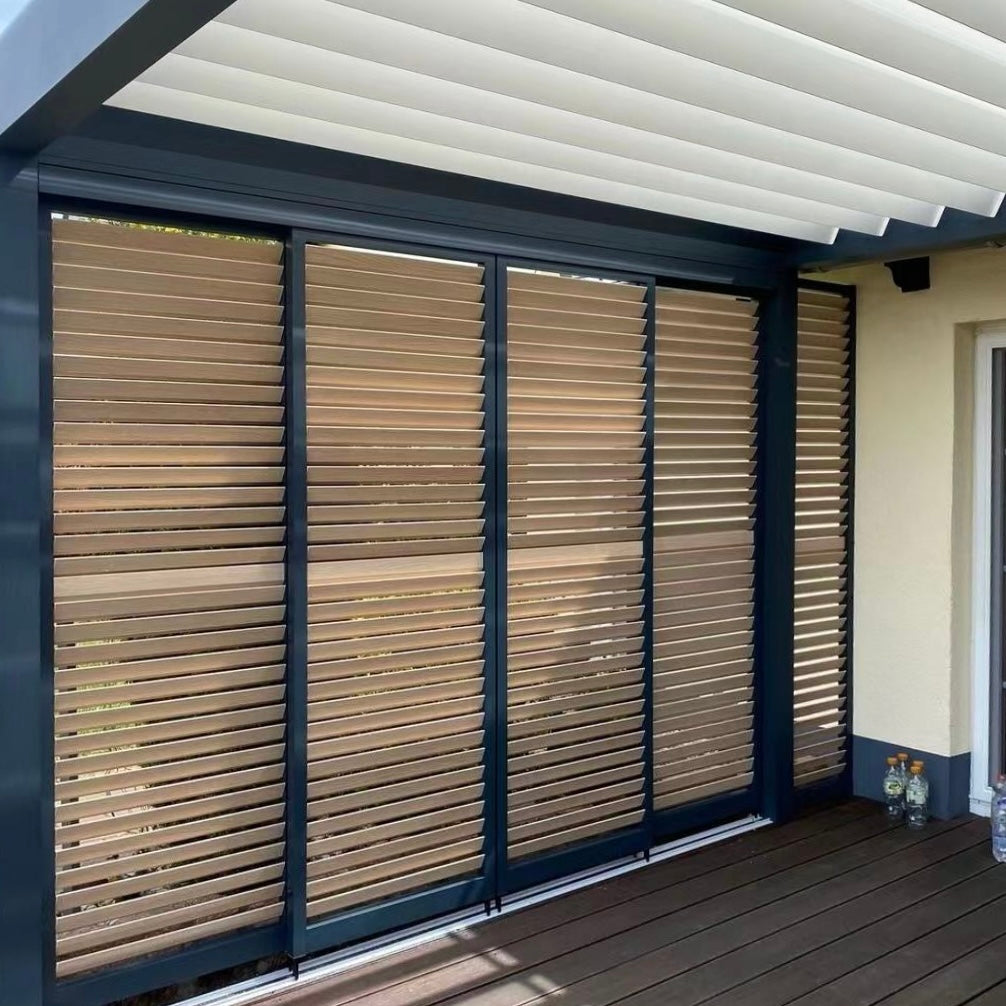 Modern Aluminum Louver Pergola with All-Side Louvered Curtains for Courtyard Terrace Adjustable Light and Ventilation