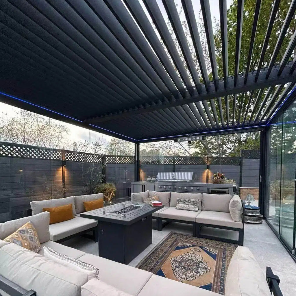 Morden Aluminum Alloy Electric Louvered Pergola with Sliding Glass Doors Customized Durable Outdoor Powder Coated Eco-Friendly