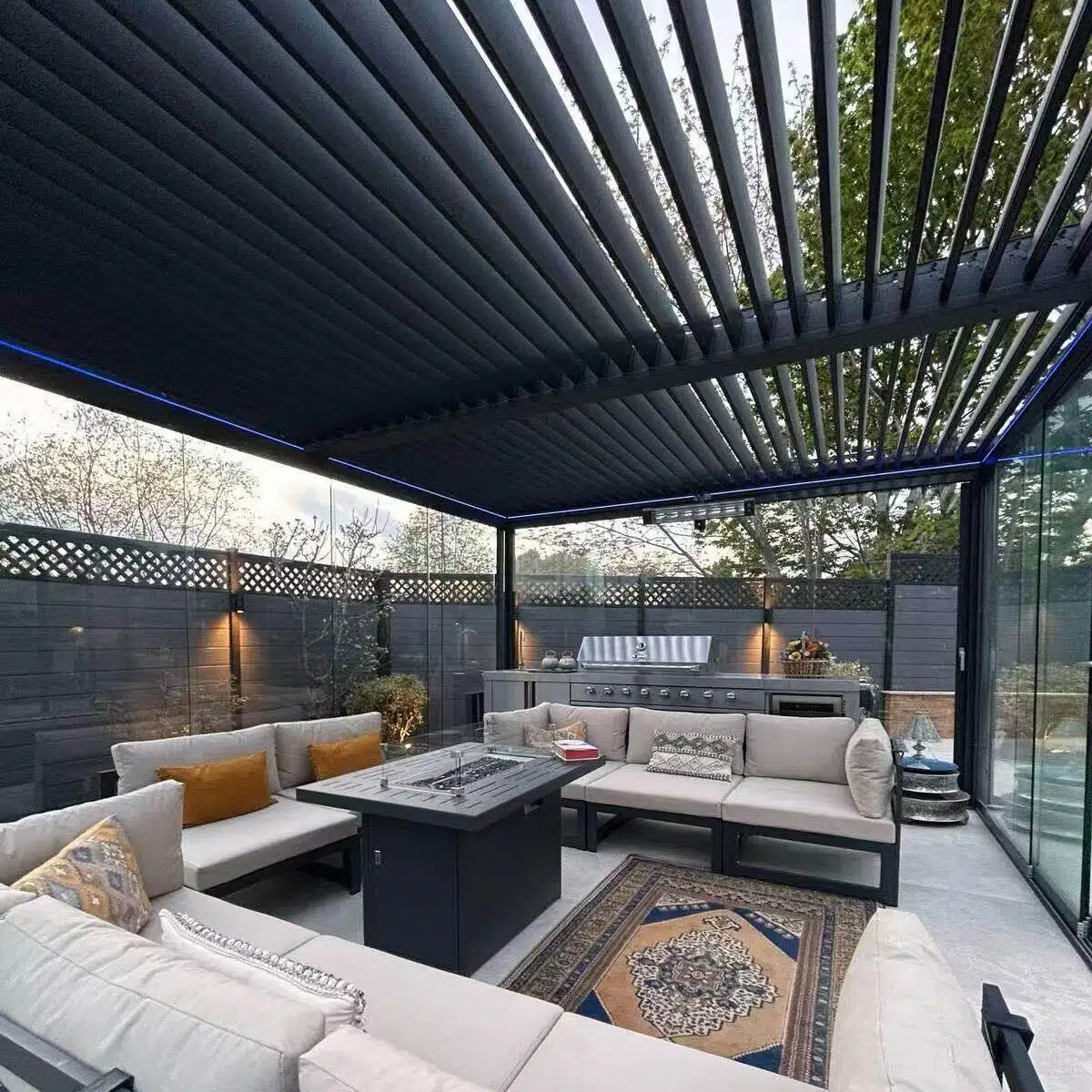 Morden Aluminum Alloy Electric Louvered Pergola with Sliding Glass Doors Customized Durable Outdoor Powder Coated Eco-Friendly