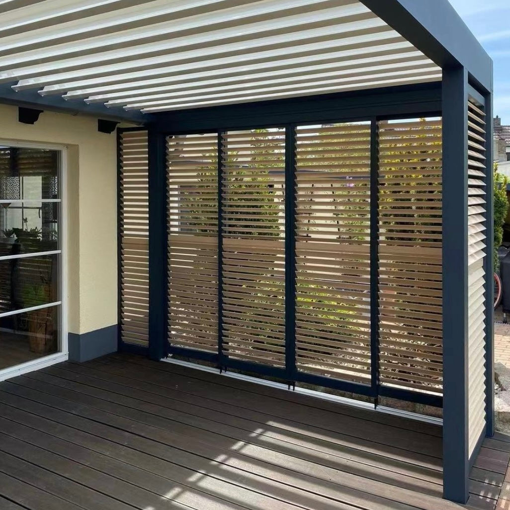 Modern Aluminum Louver Pergola with All-Side Louvered Curtains for Courtyard Terrace Adjustable Light and Ventilation
