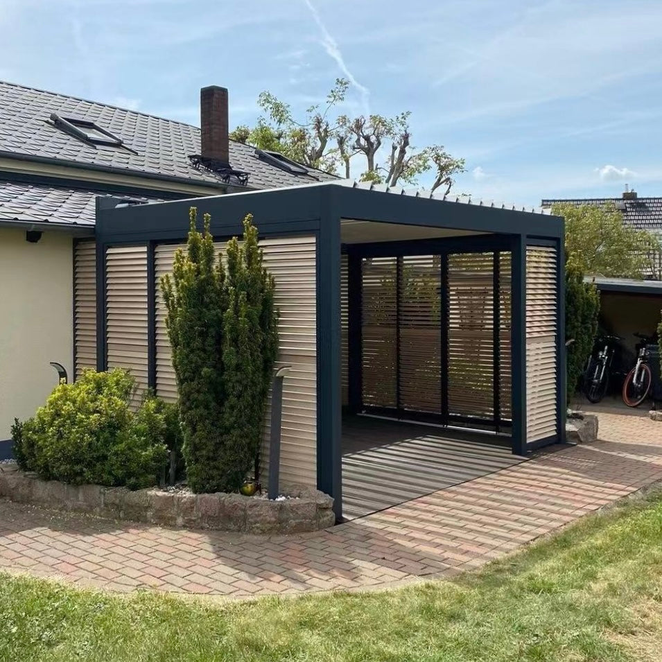 Modern Aluminum Louver Pergola with All-Side Louvered Curtains for Courtyard Terrace Adjustable Light and Ventilation
