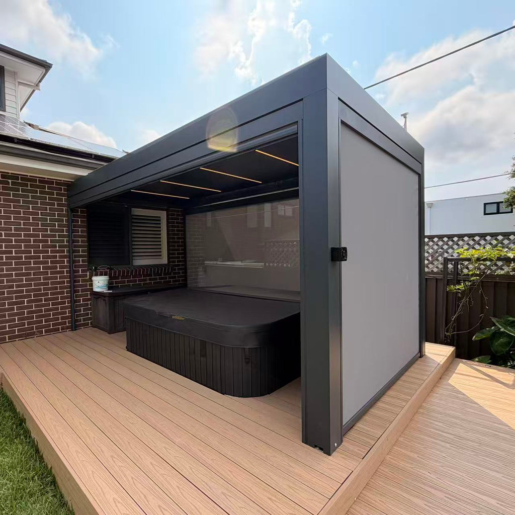 Custom Aluminium Alloy Electric Pergola Corrosion-resistant Durable Adjustable Louvered Roof With LED Light Outdoor Courtyard