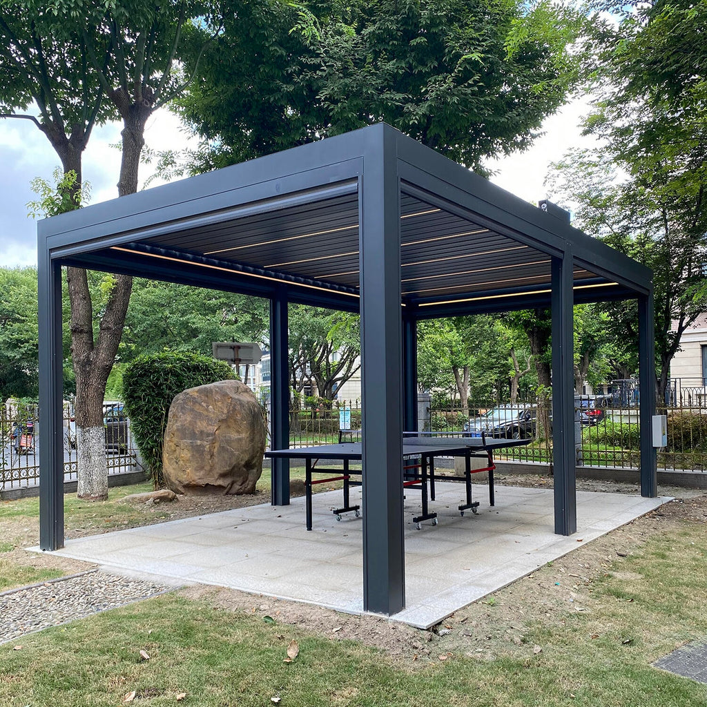 Aluminum Louver Pergola with Automatic Sun Shade Blinds for Backyard Garden Adjustable Roof Remote Control Weatherproof