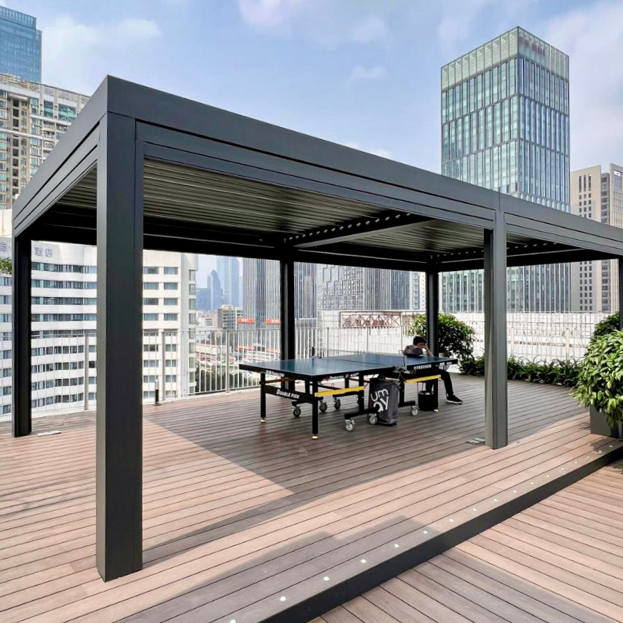 Aluminum Louver Pergola with Automatic Sun Shade Blinds for Backyard Garden Adjustable Roof Remote Control Weatherproof