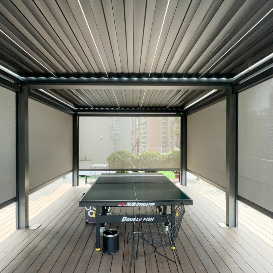 Aluminum Louver Pergola with Automatic Sun Shade Blinds for Backyard Garden Adjustable Roof Remote Control Weatherproof