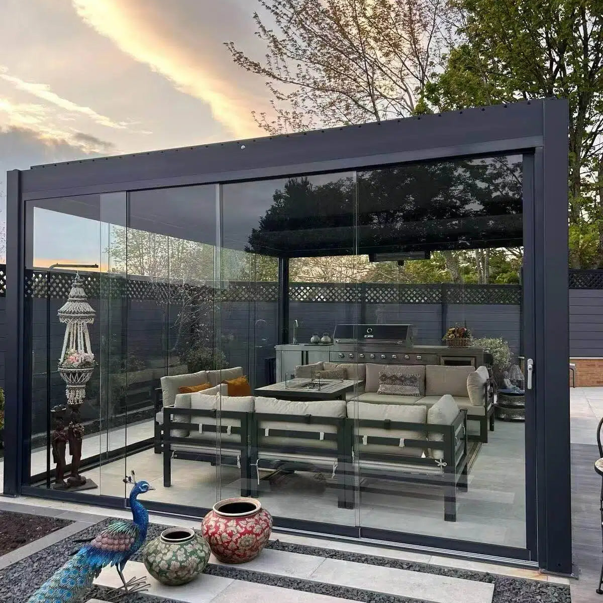 Morden Aluminum Alloy Electric Louvered Pergola with Sliding Glass Doors Customized Durable Outdoor Powder Coated Eco-Friendly