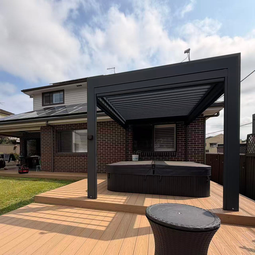 Custom Aluminium Alloy Electric Pergola Corrosion-resistant Durable Adjustable Louvered Roof With LED Light Outdoor Courtyard